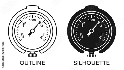 Quadro su tela Pressure Gauge Icon: A detailed outline and a contrasting silhouette of a pressure gauge, showcasing its measurement dial and needle, ideal for representing technical specifications and data