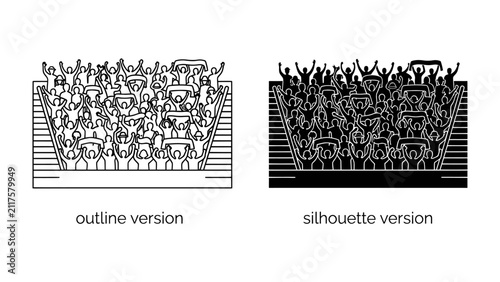 Audience Enthusiasm: A pair of graphic depictions, one outline and one silhouette, showcase a jubilant crowd of spectators cheering with raised hands, possibly at a concert or sporting event.