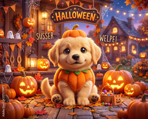 Süßer Halloween Welpe als Kürbis verkleidet, 3D Design