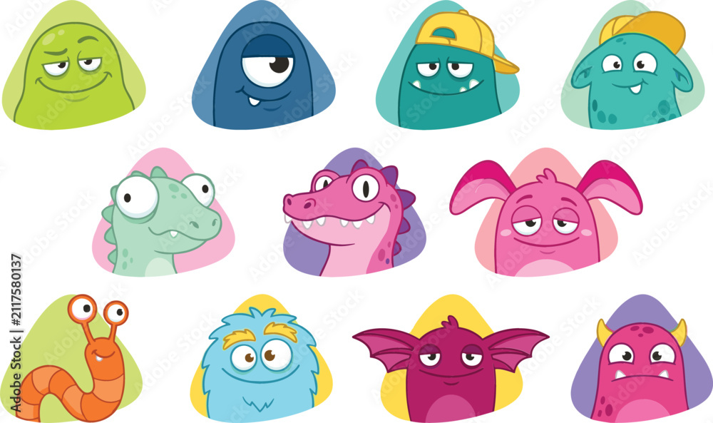 Fototapeta premium Cute cartoon monster avatar vector face set featuring friendly alien creature characters with various funny facial expressions isolated on white background.