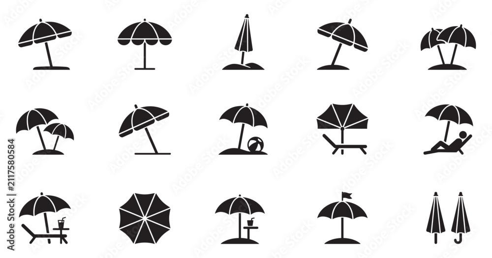 Fototapeta premium Beach umbrella icon set. Sunshade parasol symbol. Summer resort vacation logo. Sun protection shade sign. Vector Illustration. Vector Graphic.