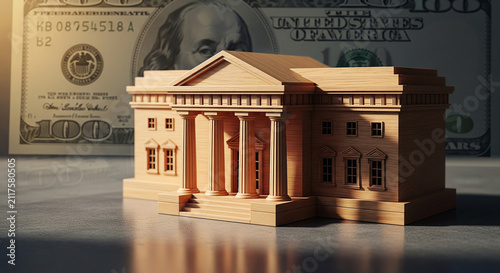 Wooden bank building model, perfect for financial institution architecture corporate banking concepts and traditional money saving
