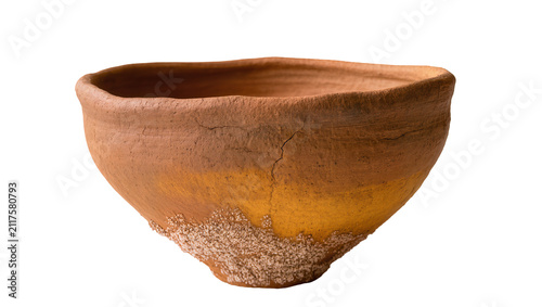 Bild auf Leinwand Rustic earthenware bowl with textured rim and base, isolated on transparent back