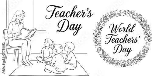 Teacher Reading To Children Line Illustration For Teachers Day Celebration