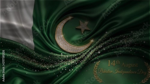 Luxurious Pakistan Independence Day 14th August Background with Waving Green Silk Flag, Sparkling Golden Glitter, and Jeweled Crescent Star Emblem Animation