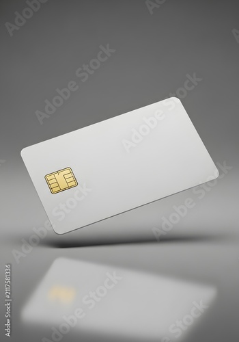 Blank white bank card with electronic chip floating over a minimalist grey studio background