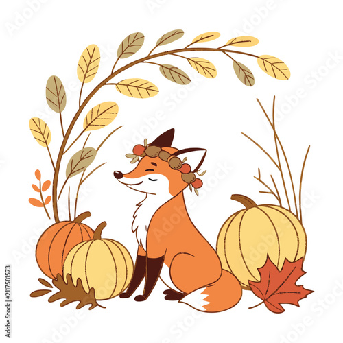 Autumn fox vector illustration, cute woodland animal with pumpkins and fall leaves, cozy seasonal character for thanksgiving greeting cards