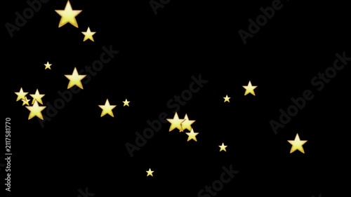 golden 3d stars falling loop animated background video effect, shiny sparkling gold star particles motion graphics overlay for holiday christmas luxury award night success celebration black background