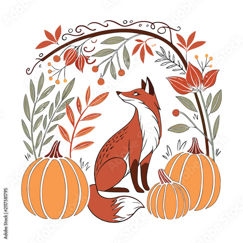 Autumn fox vector illustration with pumpkins and fall foliage. Rustic woodland animal scene with orange pumpkins and botanical leaves. Seasonal harvest art.