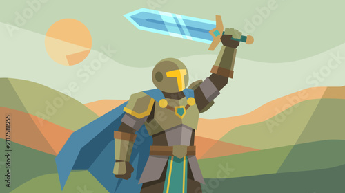 Fotografie Flat Design Paladin Warrior Holding Sword Aloft in Stylized Landscape with Geome
