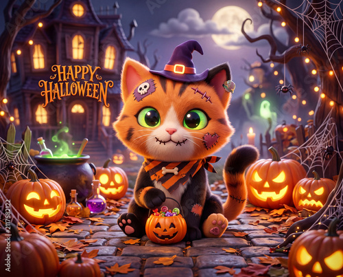 Süße Halloween Katze als Zombie verkleidet, 3D Design