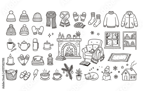 Hand drawn cozy winter and hygge lifestyle doodles set featuring fireplace warm clothing hot drinks and snow elements