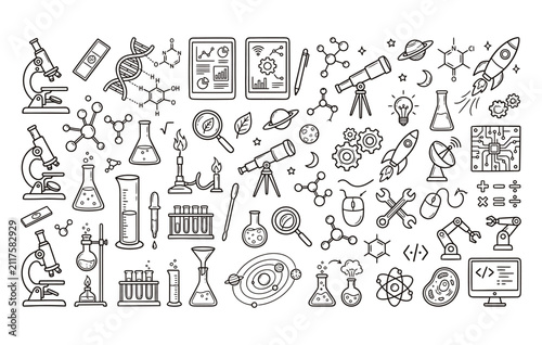 Scientific discovery and innovation graphic pack with sketch style microscopes telescopes chemical molecules electronic circuits and computers