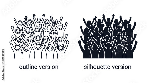 Audience Enthusiasm: A crowd of cheering people depicted in both outline and silhouette versions, showcasing a unified expression of excitement and celebration, perfect for representing fan bases.