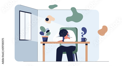 Quadro su tela A tired man slumps over his desk with his head down, surrounded by abstract shapes, a steaming cup of coffee, and a plant in a bright office