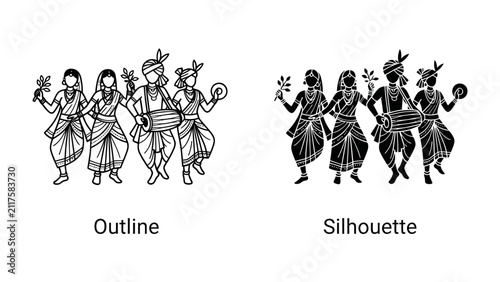 Foto Traditional Dance Pair: A harmonious depiction of a couple in traditional Indian attire, engaged in a graceful dance, possibly a folk or classical performance