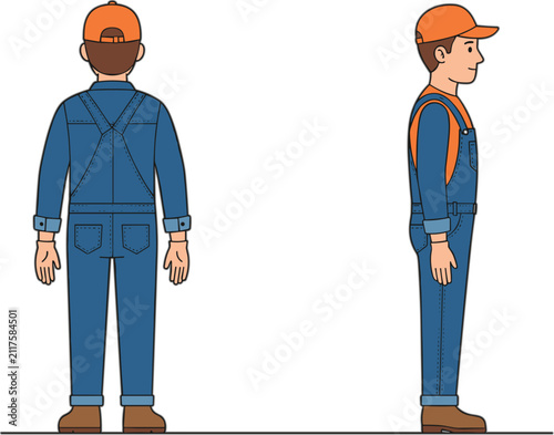 Fotografie Male Gardener Character Back and Side View with Gardening Overalls Cap Work Boot