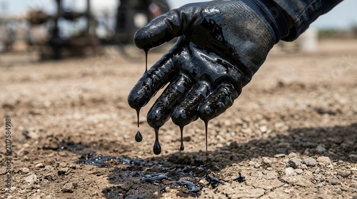 A close-up photograph capturing the visceral texture of crude oil dripping from a worker's gloved hand onto parched earth