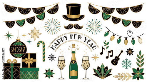 New Year Celebration Elements Art Deco Vector Illustration With Gold Accents