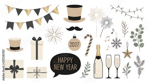 New Year Celebration Elements Vector Illustration With Gold And Black Accents