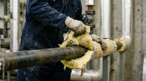 Industrial Technician Installing Thermal Insulation on Metal Pipes