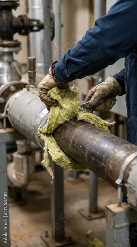 Technician Performing Industrial Pipe Insulation Maintenance and Thermal Efficiency Repairs in a Mechanical Facility Setting
