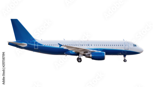Obraz na płótnie Modern blue and white passenger jet airplane with landing gear extended, isolate