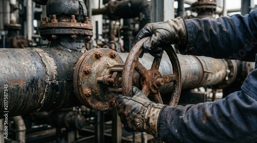 Technician Operating a Weathered Metal Valve on a Complex Pipeline System within a Heavy Manufacturing Facility