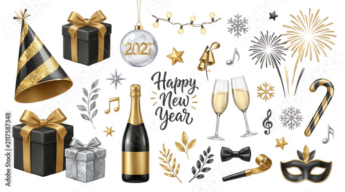 New Year Collection With Champagne Gifts And Party Decorations 3D Render