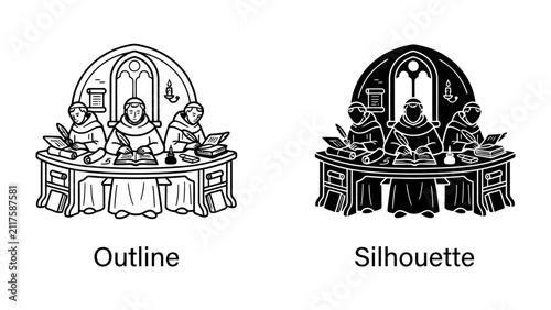 Картината върху платно Monastic Council Gathering: An illustration depicts a council of monks in robes, seated around a table beneath an arched window, engrossed in study or discussion