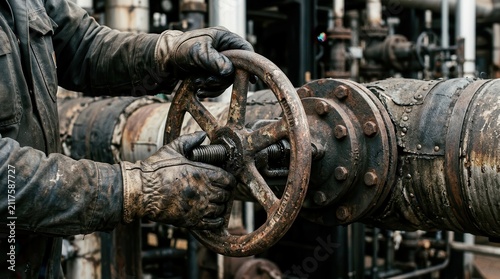 Worker Operating a Weathered Metal Valve in a Heavy Manufacturing Plant Infrastructure