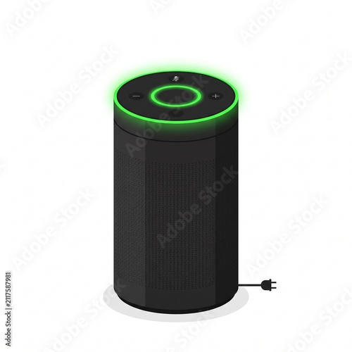 A flat vector illustration of a modern black smart speaker device featuring a glowing green notification light isolated on a white background
