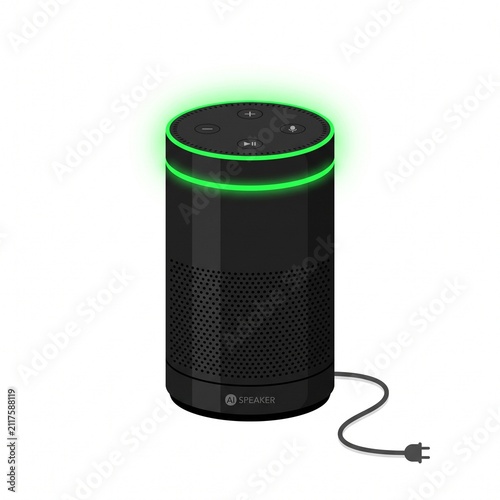 A flat vector illustration of a modern black smart speaker device featuring a glowing green notification light isolated on a white background
