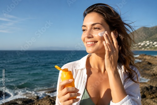 woman applying sunscreen on beach