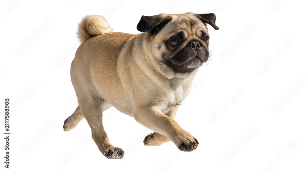 Fototapeta premium Fawn pug dog running with snow on paws, isolated on transparent background