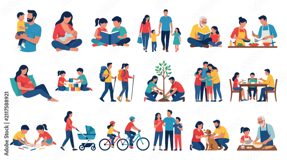 Fototapeta premium Flat Design Vector Illustrations of Happy Family Life, Parenting, and Everyday Activities Collection