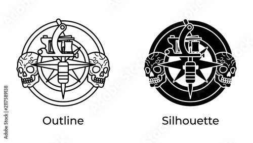 Картината върху платно Tattoo Machine and Skulls Emblem: A striking graphic featuring a tattoo machine and two skull motifs, presented in both outline and silhouette forms, suggesting artistry and edginess