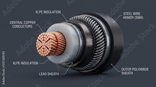Cross Section Subsea HVDC Power Cable Cross-Linked Insulation 3D Render