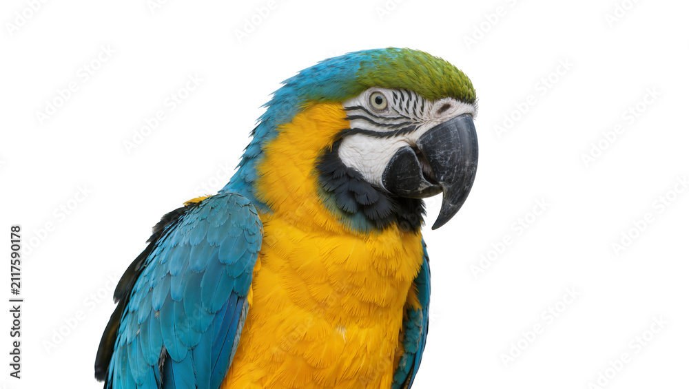 Fototapeta premium Blue and yellow macaw parrot with green head, isolated on transparent background