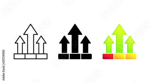 Set of upward growth arrow icons with bar charts representing business progress, financial success, and positive trends