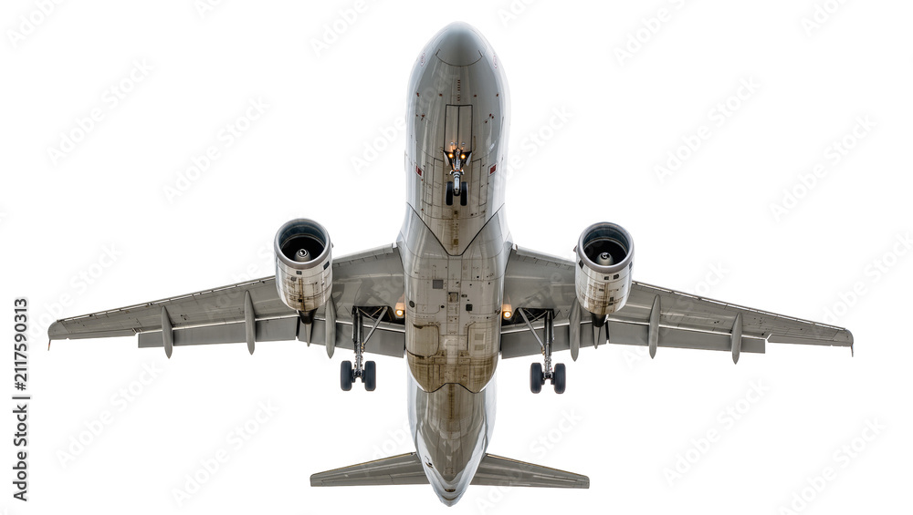 Fototapeta premium Commercial jet airplane underside with landing gear extended, isolated on transparent background