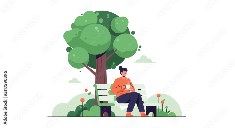 Fototapeta premium A woman sits peacefully on a park bench under a large tree, enjoying a steaming cup of coffee in a serene outdoor setting.