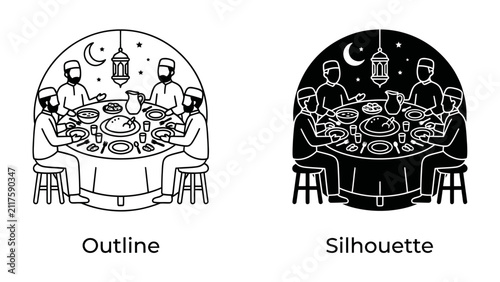Ramadan Feast Icon: A symbolic outline and silhouette graphic depicting a group of people gathered around a table for a communal meal, likely a Iftar or Suhoor during Ramadan.