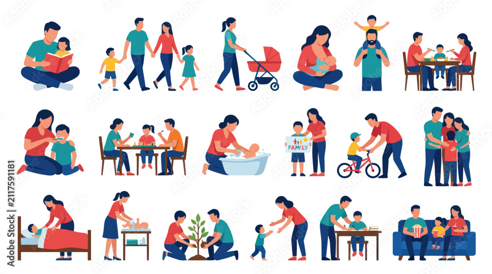 Fototapeta premium Diverse Family Life Activities Flat Style Vector Illustrations