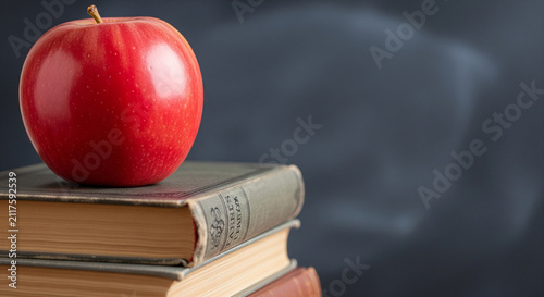 Red apple resting on stacked books against a blackboard perfect for back to school education knowledge and learning study concept