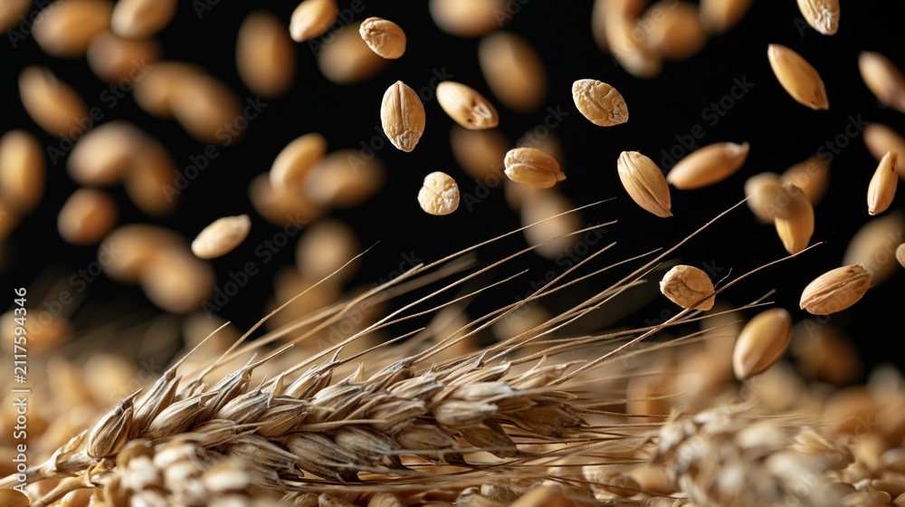Fototapeta premium The Wheat: Golden Ears in Macro Focus with Falling Grains