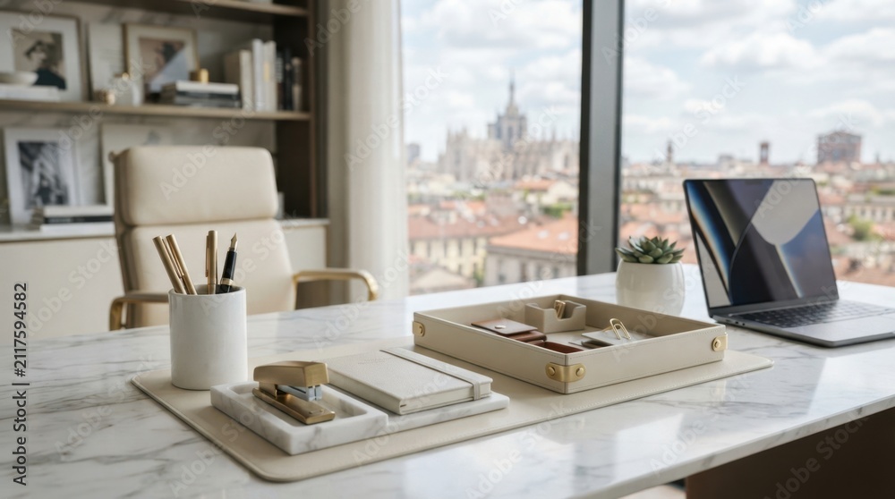 Obraz premium Elegant home office desk setup with a city view and modern technology