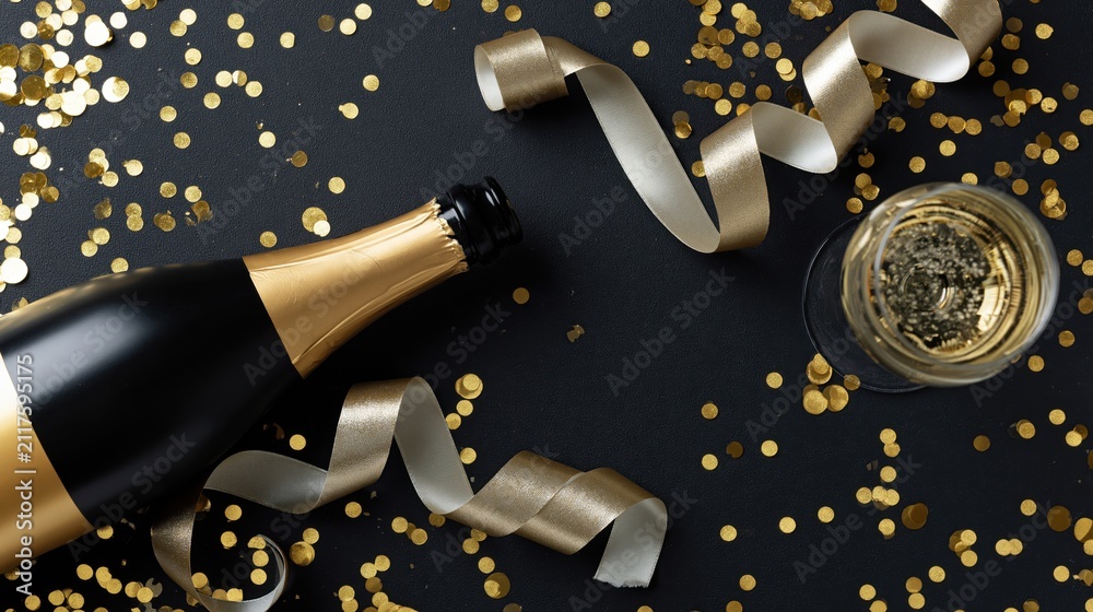 Obraz premium The Champagne Bottle in a Festive Scene with Glasses and Gold Confetti