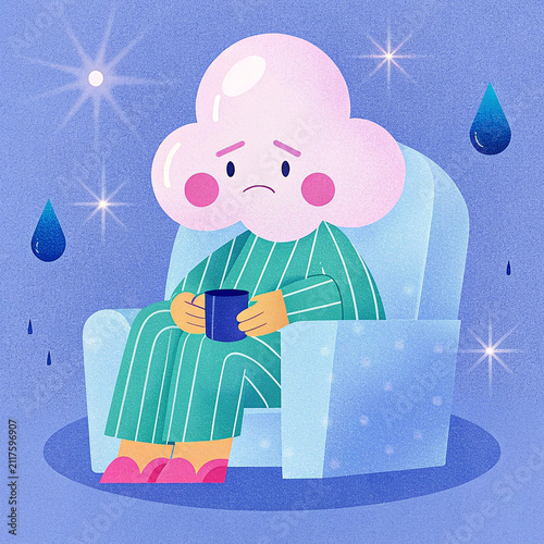 Sad Rain Cloud Character Sitting on a Couch – Mental Health Flat Vector Illustration