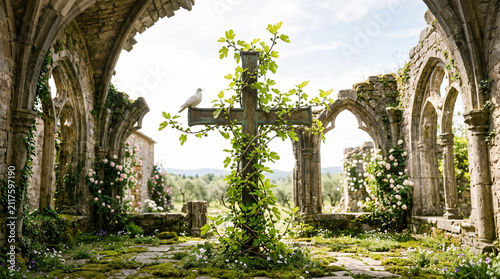 Overgrown Stone Cross in Abandoned Church Ruins